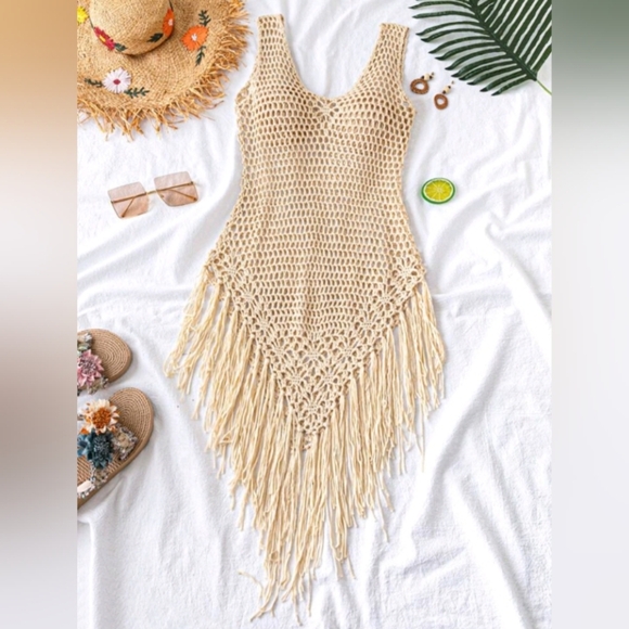 SHEIN Swim Hollow Out Knitted Fringe Hem Cover Up Dress, For Summer Beach - Picture 7 of 7